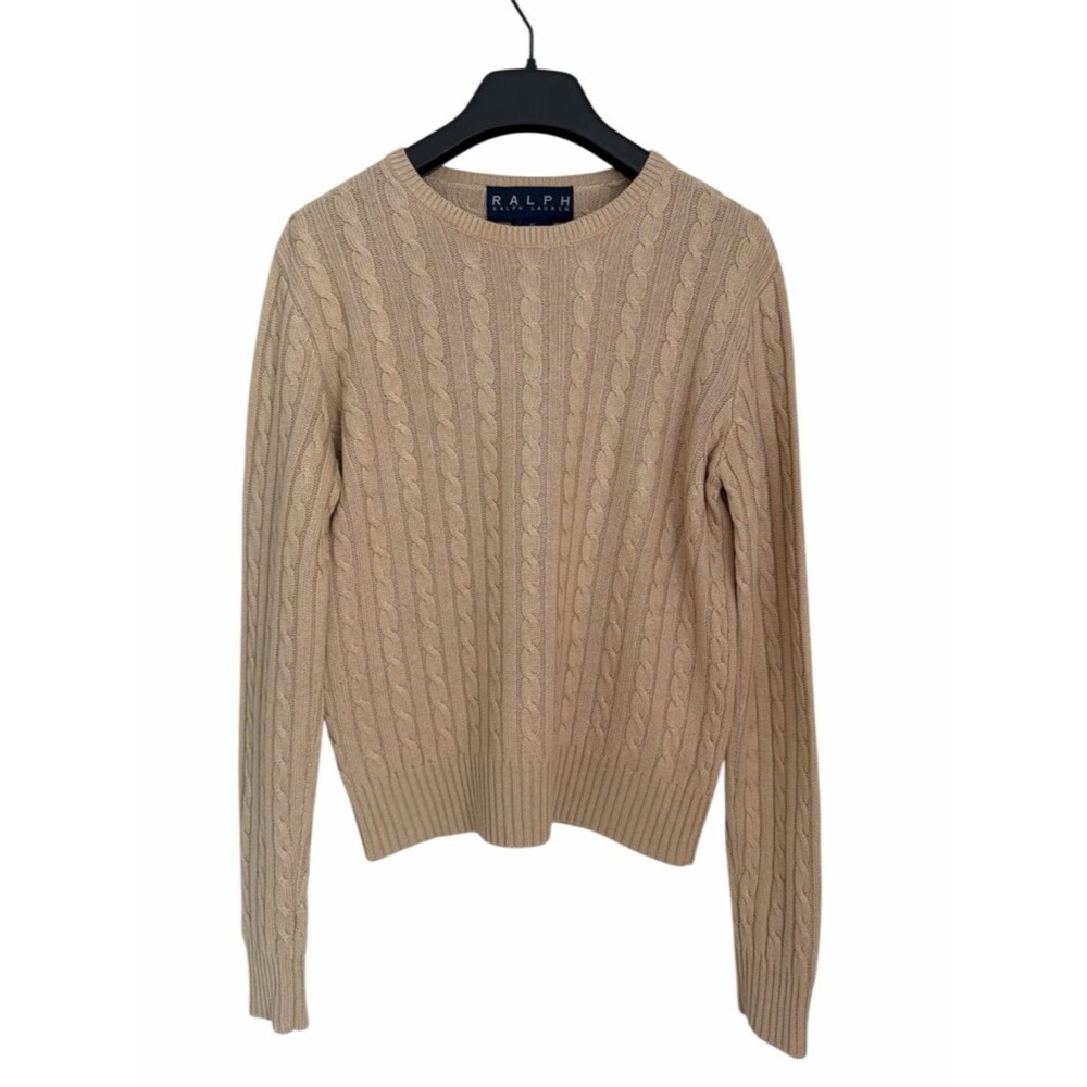 Ralph Lauren Cable Knit Sweater Silk Cashmere Blend Tan Beige Classic Preppy S